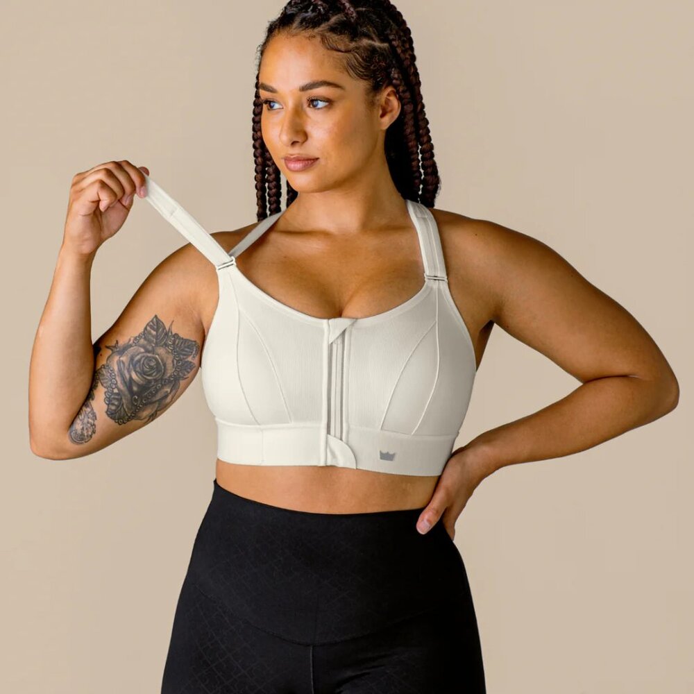 SHEFIT High Support Front-Zip Sports Bra in Light Cream
